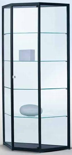 Trapezivitrine mit Drehtüre 1820x955x290 mm HxBxT mit 3-seitige ESG-Verglasung, eckige Profile, Bodenplatte silber