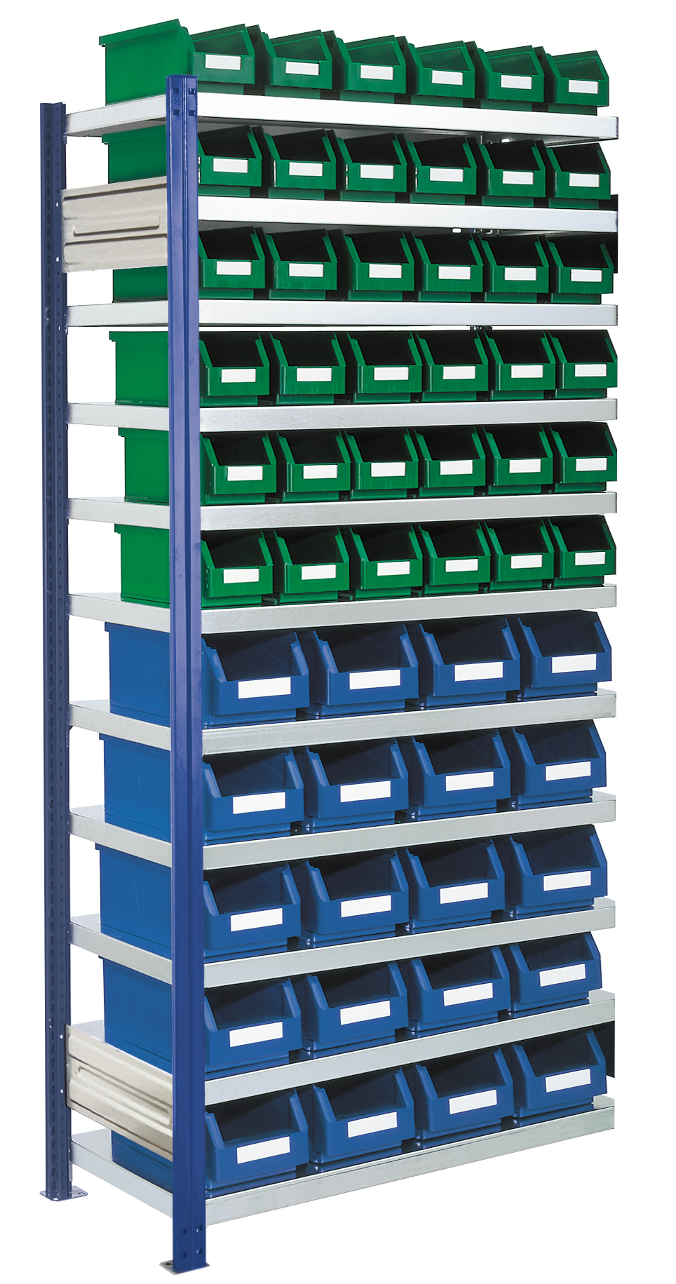 Sichtlagerkästen-Anbauregal, Modell 14, Profile RAL 5010 enzianblau