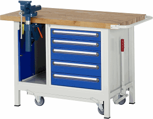 Werkbank mit absenkbarem Fahrgestell Modell 8187, B 1250xT 700xH 880mm, Buche-Massiv-Platte 40mm