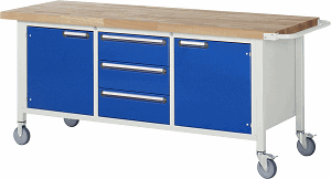 Fahrbare Werkbank Modell 8569, B 2000xT 700xH 880-1080mm, Buche-Massiv-Platte 40mm