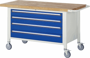 Fahrbare Werkbank Modell 8362, B 1500xT 700xH 880-1080mm, Buche-Massiv-Platte 40mm