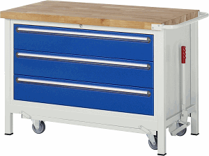 Werkbank mit absenkbarem Fahrgestell Modell 8357, B 1250xT 700xH 880mm, Buche-Massiv-Platte 40mm