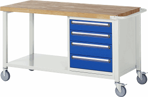 Fahrbare Werkbank Modell 8162, B 1500xT 700xH 880-1080mm, Buche-Massiv-Platte 40mm