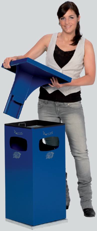 Abfallbehälter/Ascher enzianblau RAL 5010, Modell B32 mit Dach