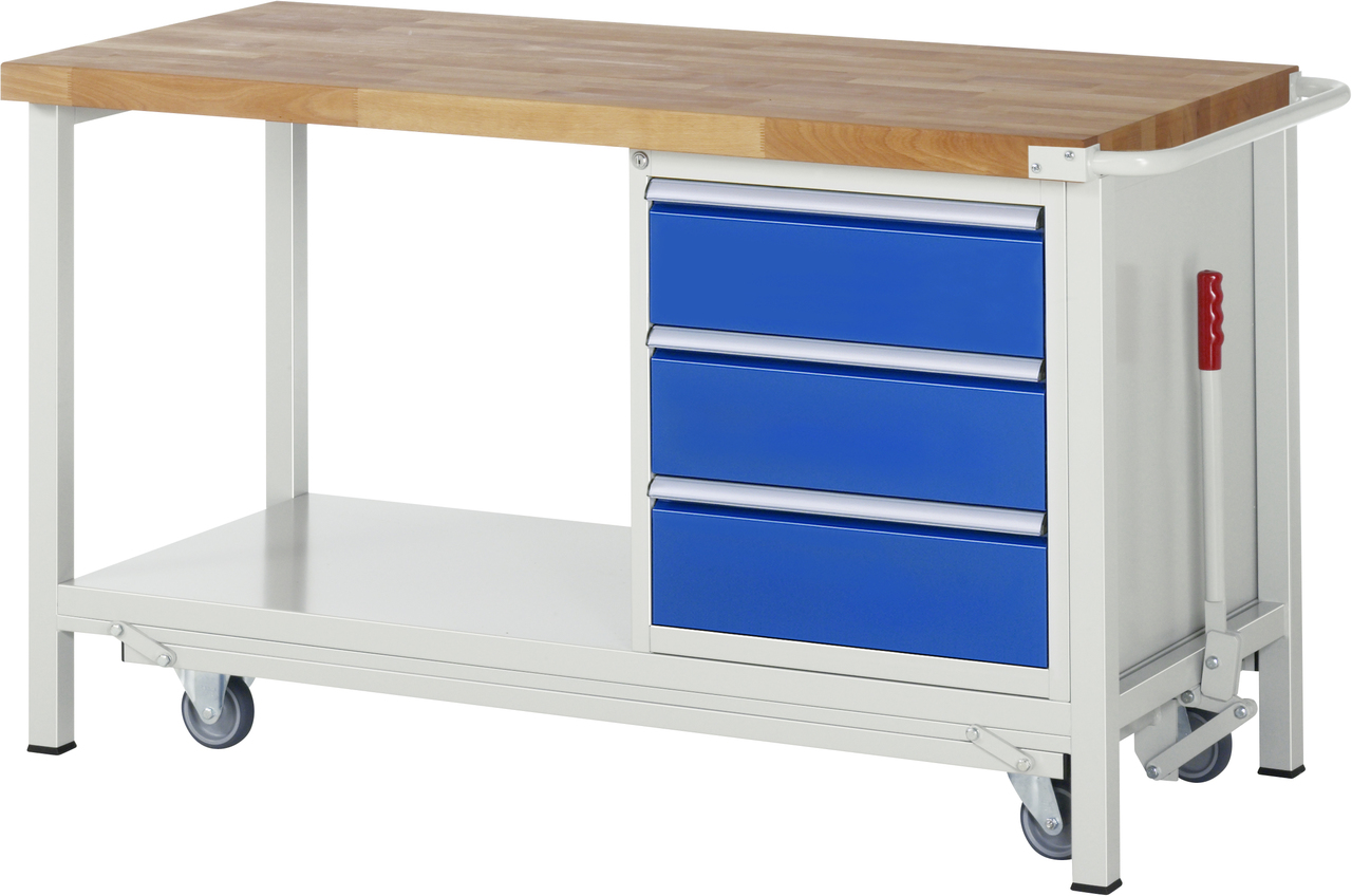 Werkbank mit absenkbarem Fahrgestell Modell 8157, B 1500xT 700xH 880mm, Buche-Massiv-Platte 40mm