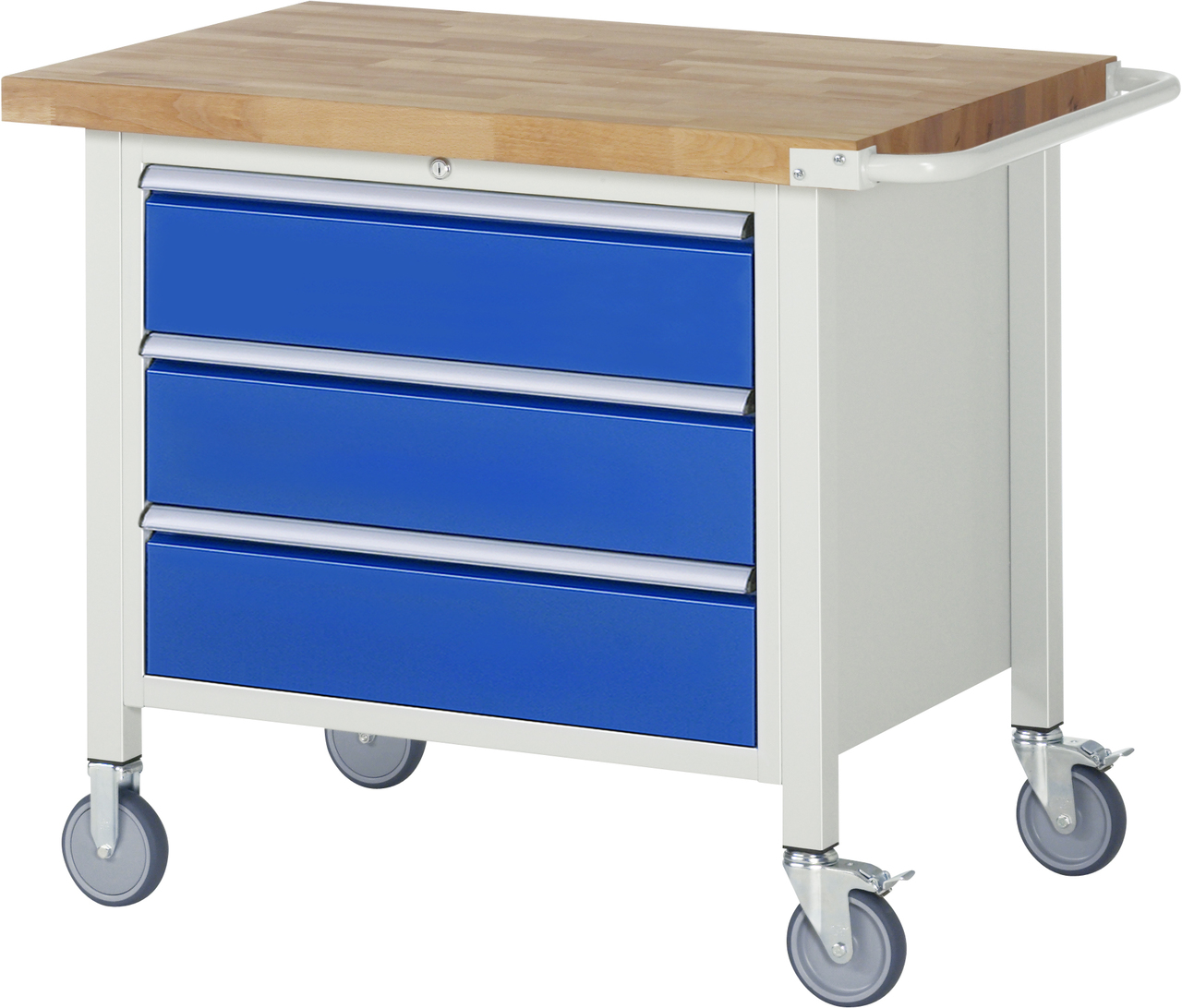 Fahrbare Werkbank Modell 8257, B 1000xT 700xH 880-1080mm, Buche-Massiv-Platte 40mm