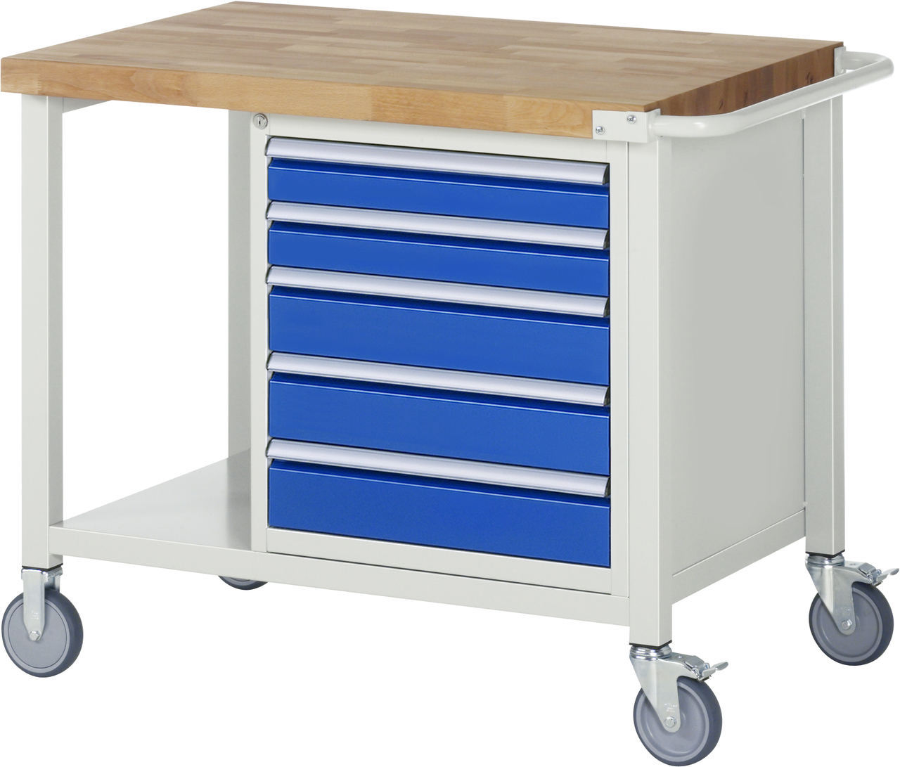 Fahrbare Werkbank Modell 8171, B 1000xT 700xH 880-1080mm, Buche-Massiv-Platte 40mm
