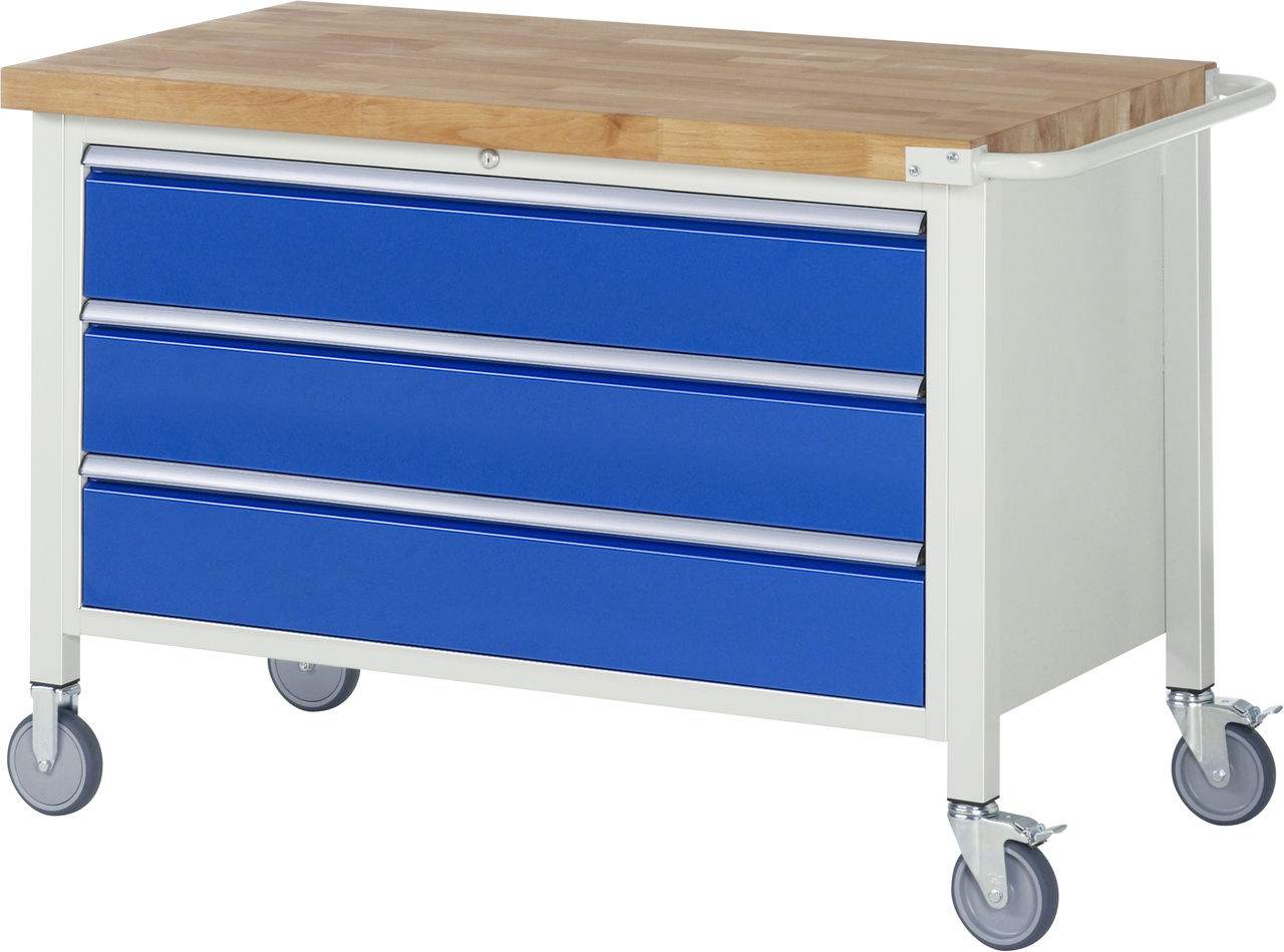 Fahrbare Werkbank Modell 8357, B 1250xT 700xH 880mm, Buche-Massiv-Platte 40mm