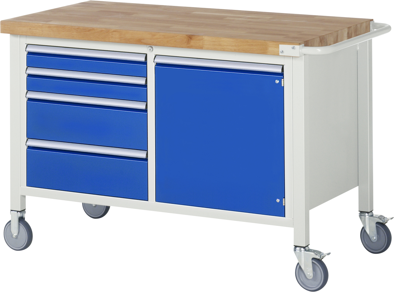Fahrbare Werkbank Modell 8470, B 1250xT 700xH 880-1080mm, Buche-Massiv-Platte 40mm