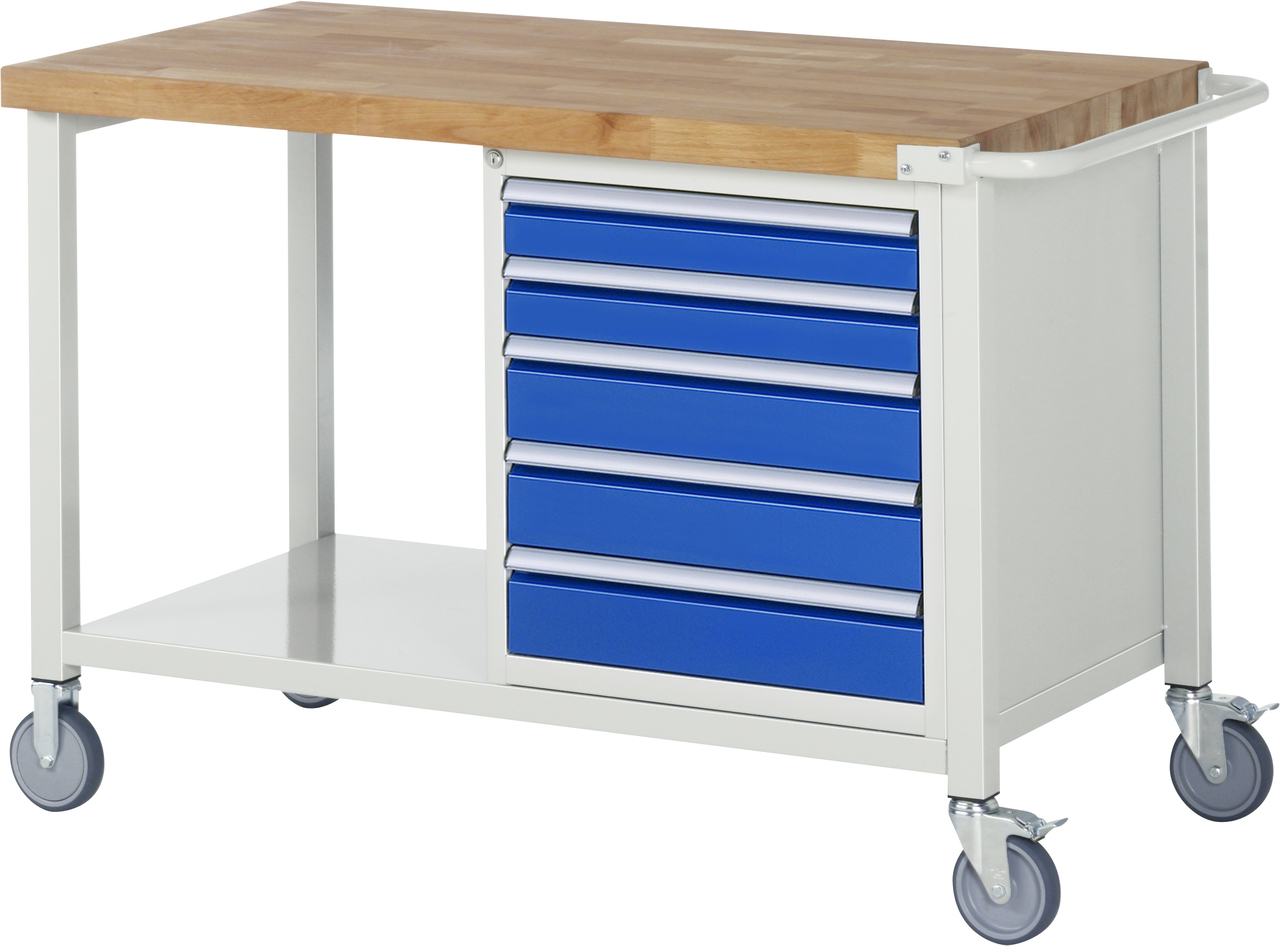 Fahrbare Werkbank Modell 8171, B 1250xT 700xH 880-1080mm, Buche-Massiv-Platte 40mm