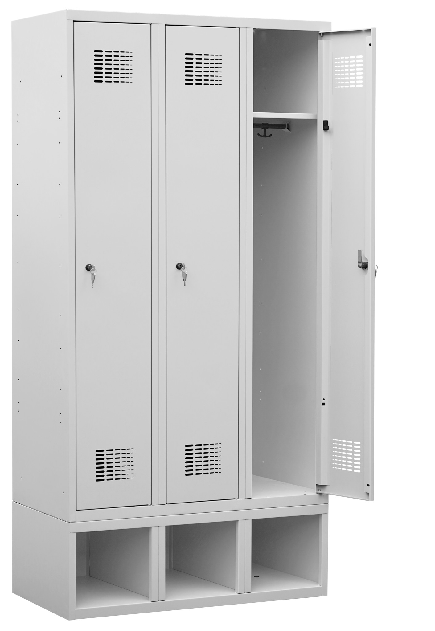 Garderobenschrank auf Schuhfach, 3 Abteile mit 400 mm Abteilbreite ab Lager
