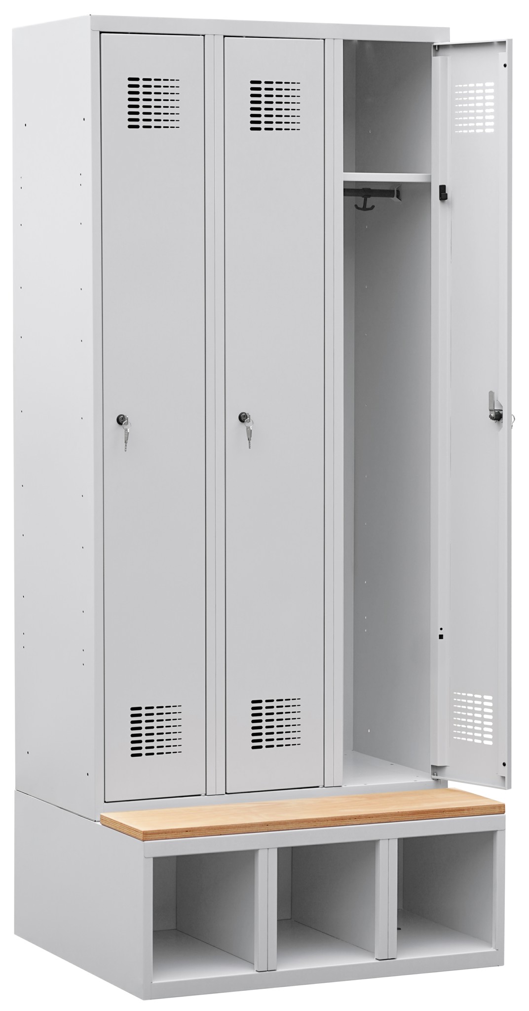 Garderobenschrank auf Schuhfach mit Sitzbank, 3 Abteile mit 300 mm Abteilbreite ab Lager