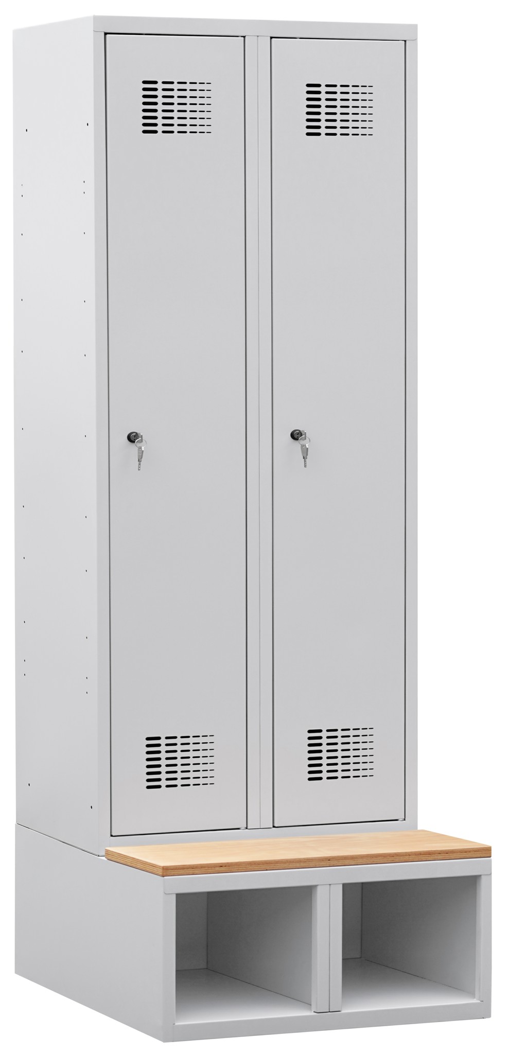 Garderobenschrank auf Schuhfach mit Sitzbank Höhe 350mm, 2 Abteile mit 400 mm Abteilbreite, 5 Stück ab Lager