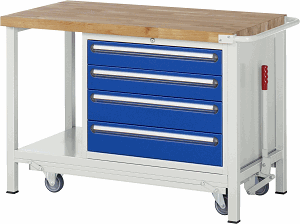 Werkbank mit absenkbarem Fahrgestell Modell 8262, B 1250xT 700xH 880mm, Buche-Massiv-Platte 40mm