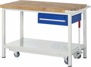Werkbank mit absenkbarem Fahrgestell Modell 8001, B 1250xT 700xH 880mm, Buche-Massiv-Platte 40mm