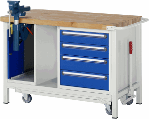 Werkbank mit absenkbarem Fahrgestell Modell 8185, B 1250xT 700xH 880mm, Buche-Massiv-Platte 40mm