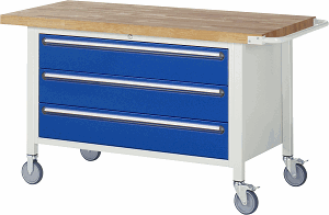 Fahrbare Werkbank Modell 8357, B 1500xT 700xH 880-1080mm, Buche-Massiv-Platte 40mm