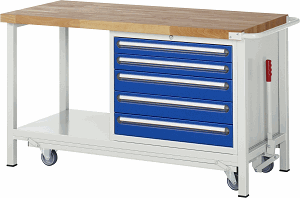 Werkbank mit absenkbarem Fahrgestell Modell 8271, B 1500xT 700xH 880mm, Buche-Massiv-Platte 40mm