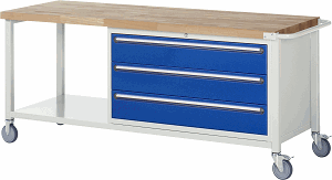 Fahrbare Werkbank Modell 8357, B 2000xT 700xH 880mm, Buche-Massiv-Platte 40mm